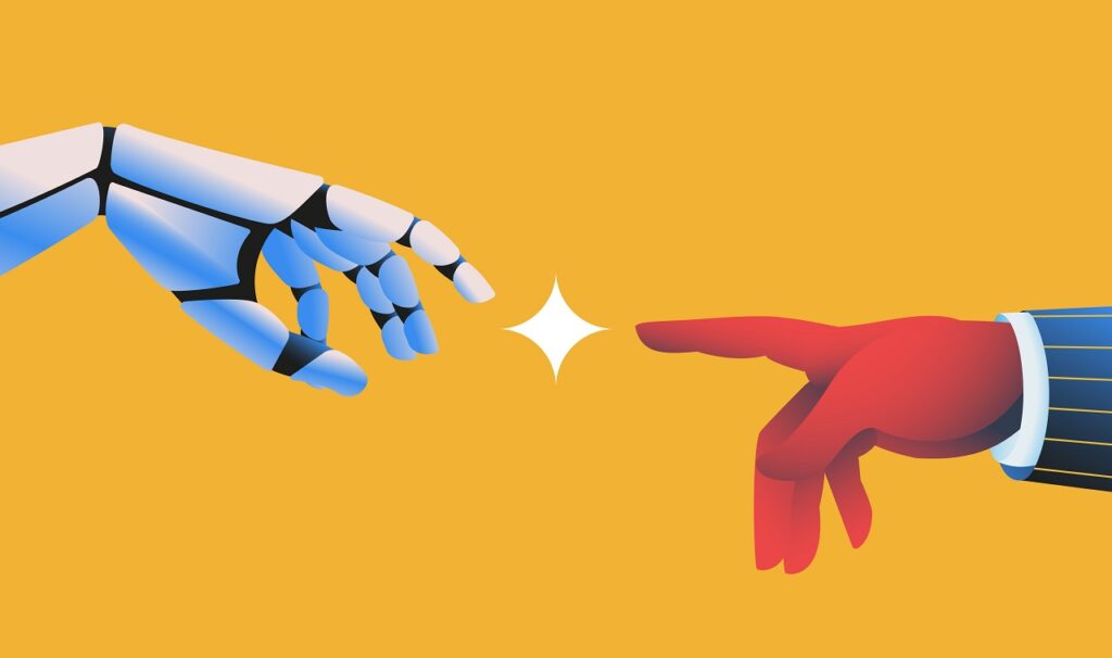 Will AI replace digital marketing Robot hand touching human hand. Artifical intelligence concept. Vector illustration.
