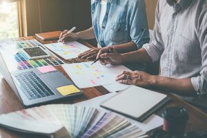 ux vs ui design Creative Web Designer planning application and developing template layout, framework for mobile phone. User experience (UX) concept.
