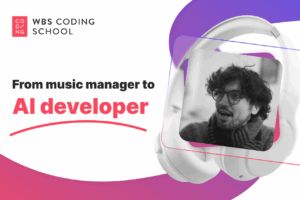 Black and white portrait of a former music manager who successfully transitioned to become an AI developer.